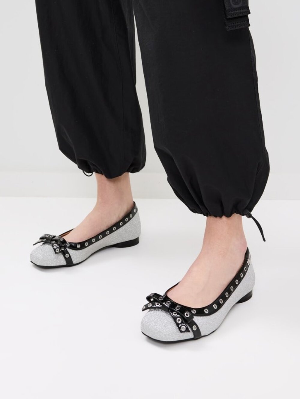 Ganni Silver Glitter Black Patent Eyelet Ballet Flats - Size 41 US 10